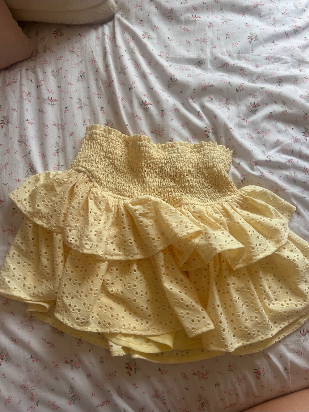 Urban Outfitters Pale Yellow Eyelet Ruffle Smocked Mini Skirt